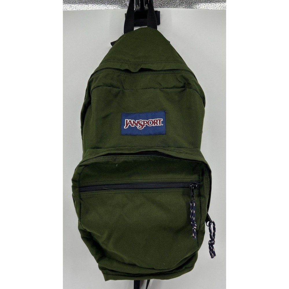 VTG Olive Green Jansport Backpack Classic Original Front Zipper Blue Logo EUC
